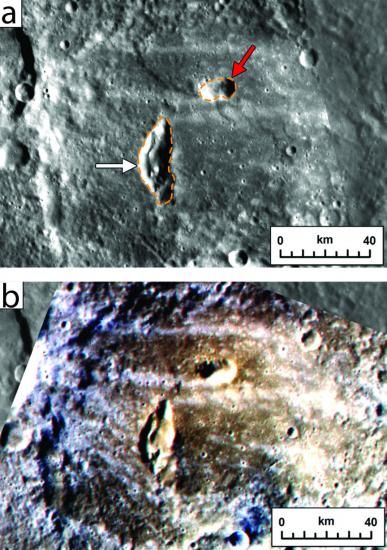 水星Kipling陨坑内的两个火山喷口，如果是在撞击发生之前出现的，就会被摧毁，由此可见它们是在近期才形成的；下方是同一地点的假彩色图像，可以识别出火山溅射物的痕迹