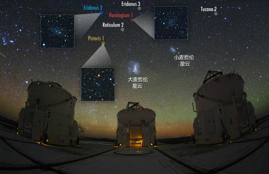 位于智利阿塔卡玛沙漠的帕瑞塔天文台（Paranal Observatory）的天文望远镜及其上空的麦哲伦星云及新发现的矮星系。